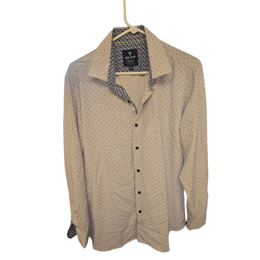 Tom Baine Mens XL Slim Fit Performance Shirt Navy White Geometric Stretch 0670‎